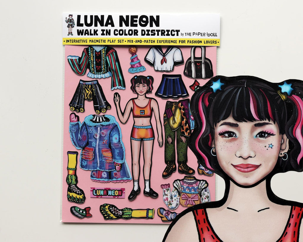 Anime Interactive Magnet Set for Fashion Lovers - Luna Neon Doll with interchangeable outfits