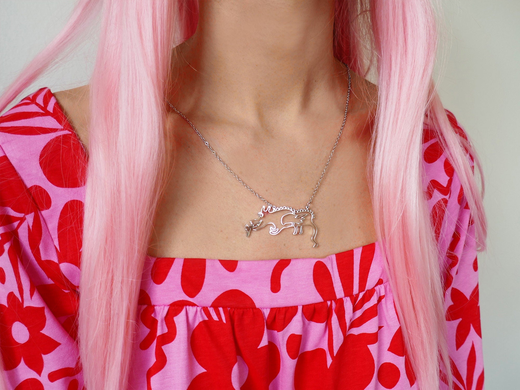 Happy Dragon Stainless Steel Pendant: Hypoallergenic Fantasy Necklace.