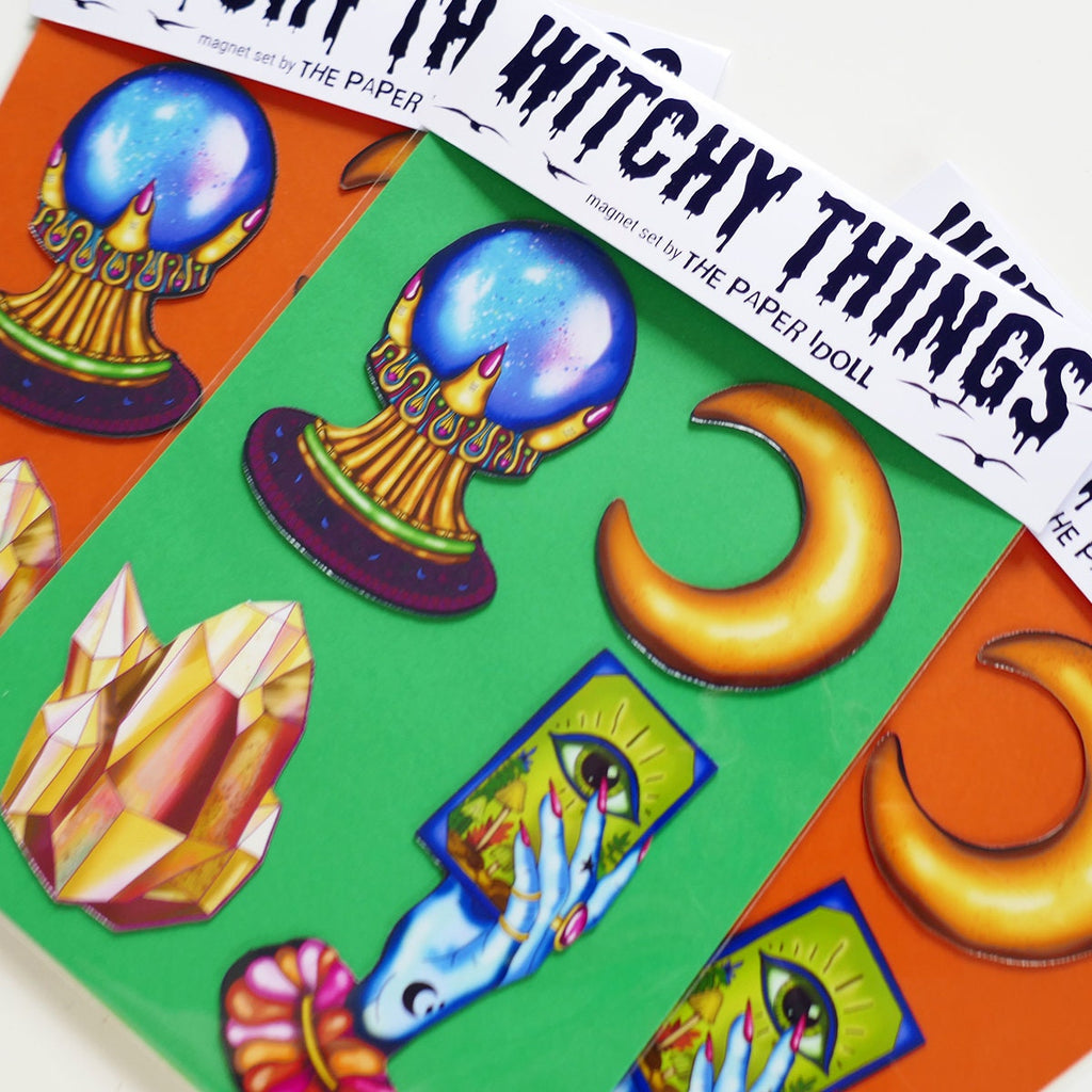 Witchcraft Magnet Set: Tarot, Moon, Crystal Ball & Crystal