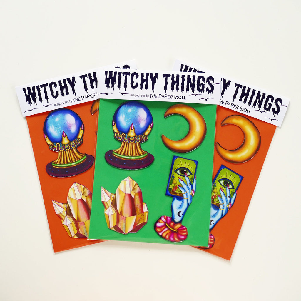 Witchcraft Magnet Set: Tarot, Moon, Crystal Ball & Crystal