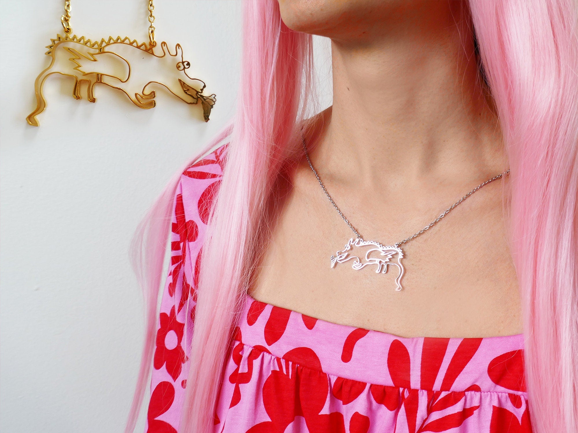 Happy Dragon Stainless Steel Pendant: Hypoallergenic Fantasy Necklace.