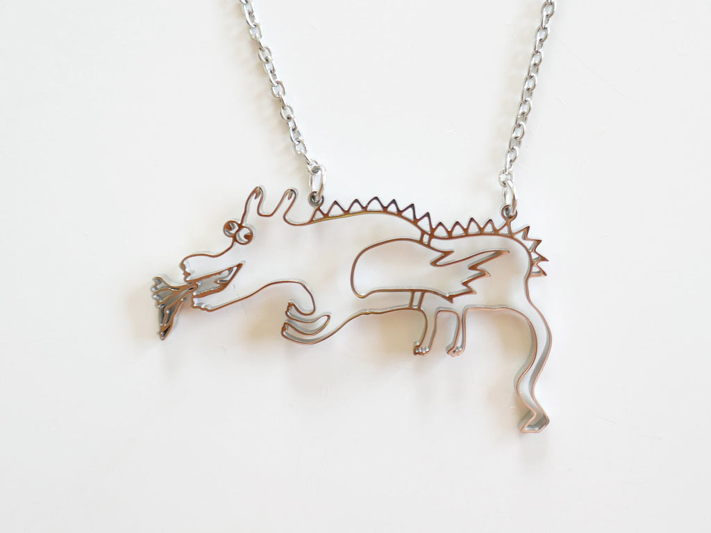 Happy Dragon Stainless Steel Pendant: Hypoallergenic Fantasy Necklace.