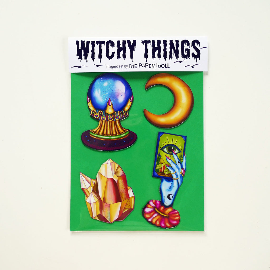 Witchcraft Magnet Set: Tarot, Moon, Crystal Ball & Crystal
