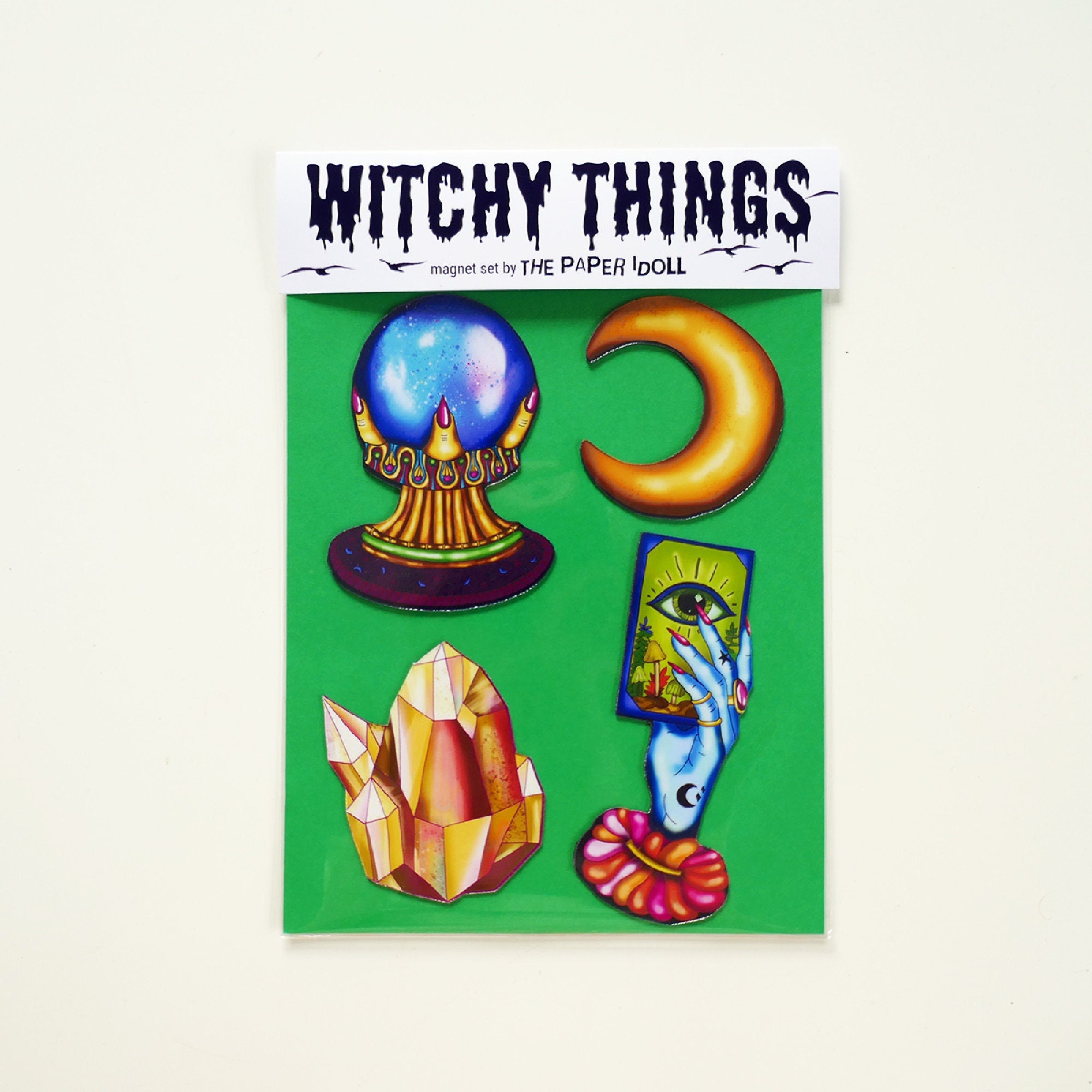 Witchcraft Magnet Set: Tarot, Moon, Crystal Ball & Crystal